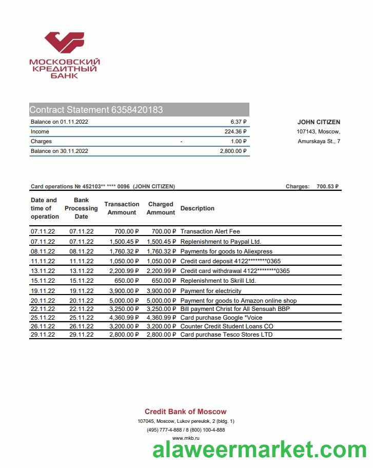 Russia Credit Bank of Moscow bank statement xls
